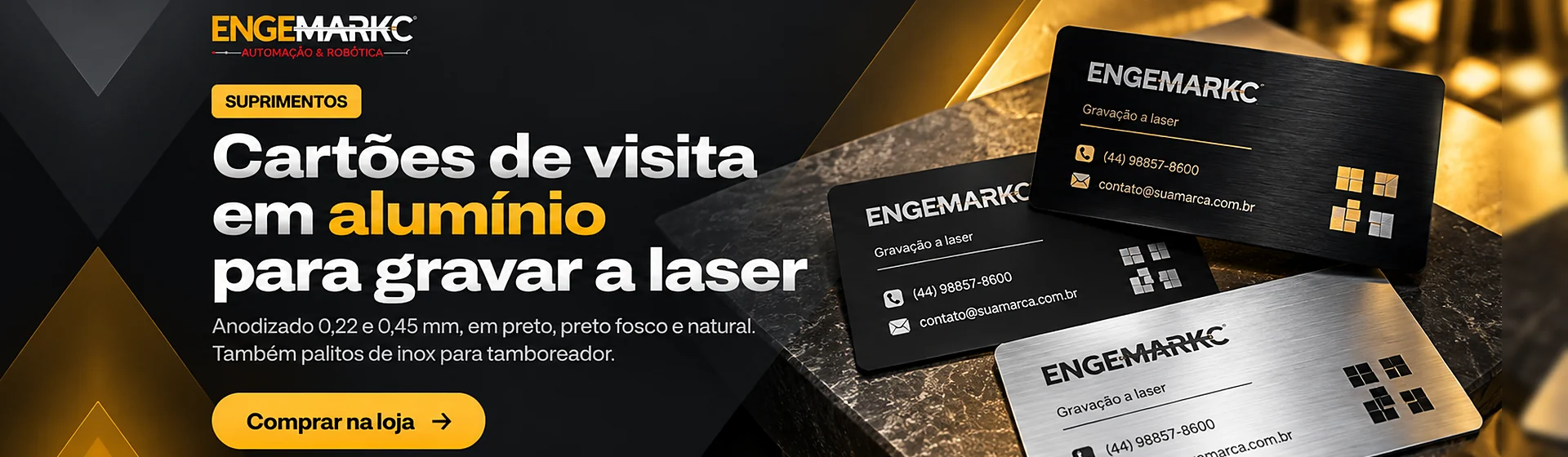 Cartões de visita em alumínio anodizado 0,22 e 0,45 mm para gravar a laser e palitos de inox para tamboreador. Comprar na loja.